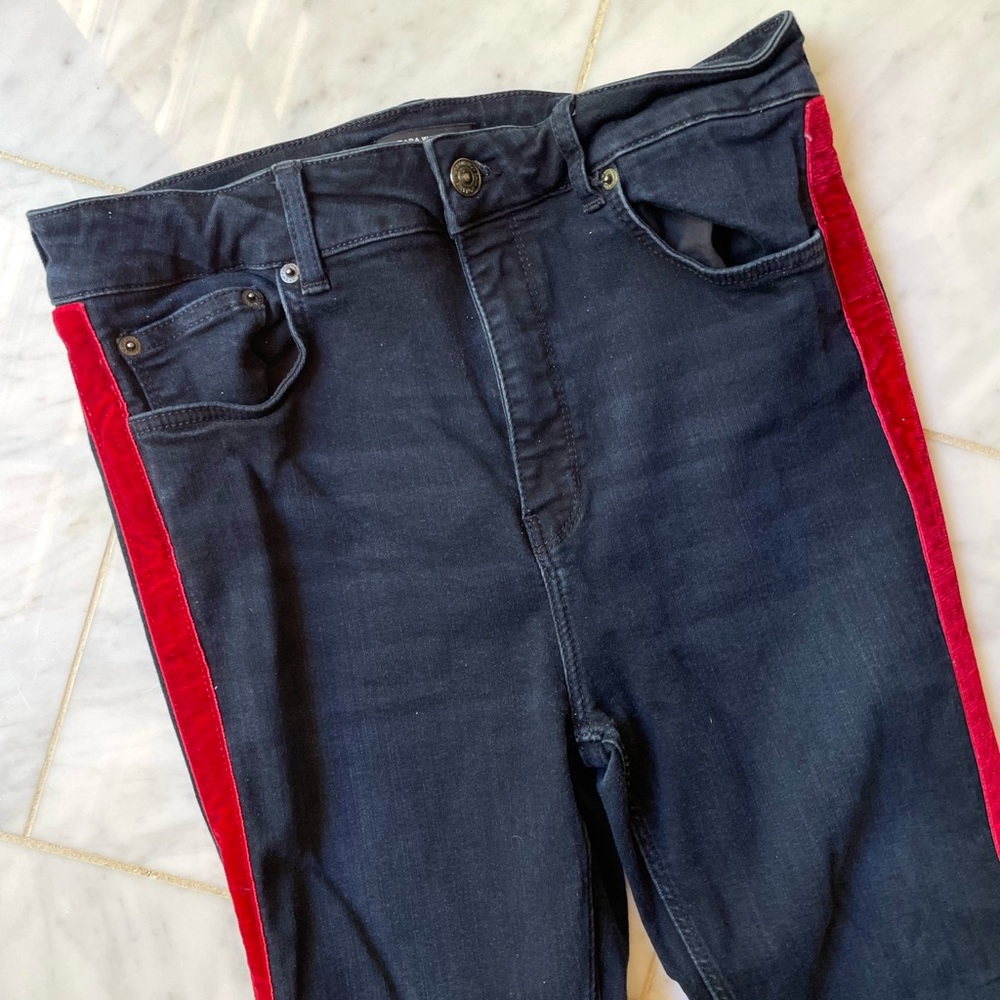 Zara Dark Wash Jeans with Red Velvet Stripe, Size 10
